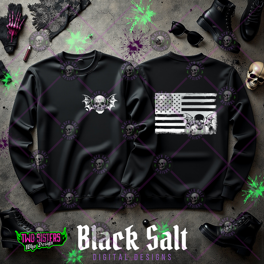 PATRIOTIC AMERICAN FLAG WITH SKULLS AND BATS
