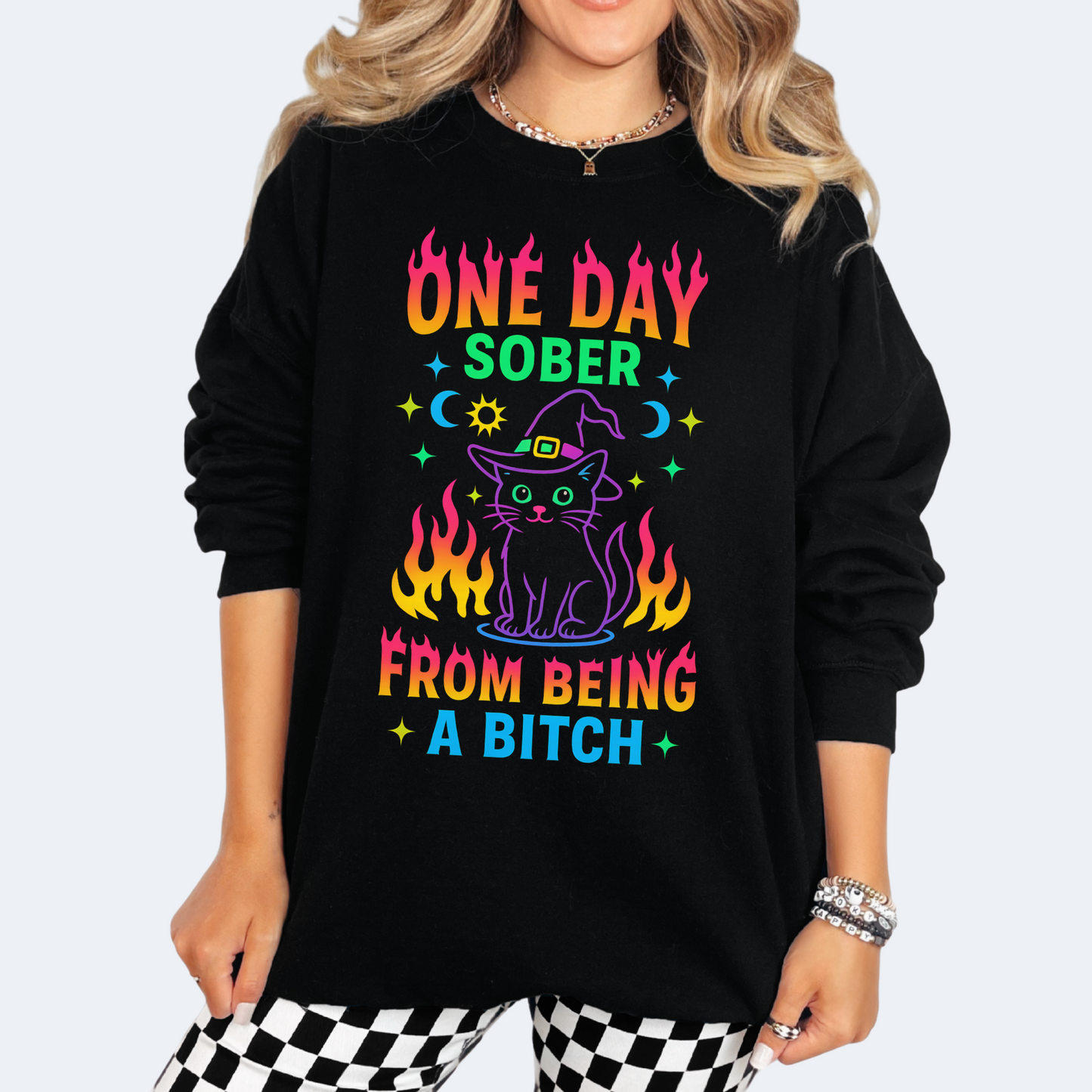 COLORFUL CAT WITH WITCH HAT ONE DAY SOBER FROM BEING A BITCH